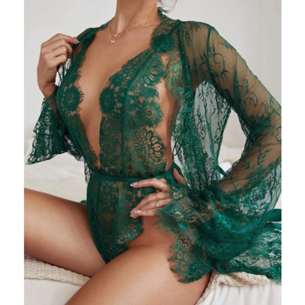 Embroidered mesh lace up bodysuit with robe - Picture 4 of 11